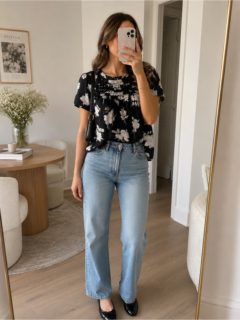 Ellen Tracy Black Floral Short Sleeve Blouse